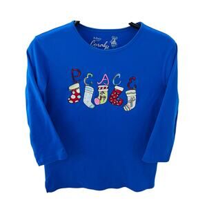 Coral Bay Sz SM Blue 3/4 Sleeve Top Embroidered PEACE Christmas Stocking Holiday